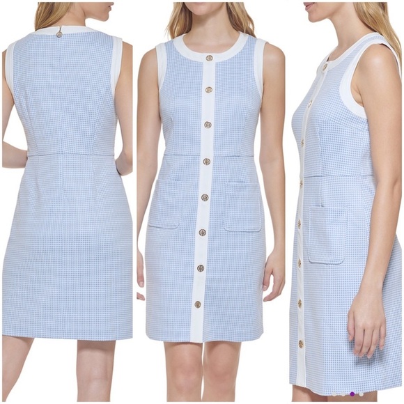 Tommy Hilfiger blue and white check print stretch sheath dress with logo buttons - Picture 10 of 10